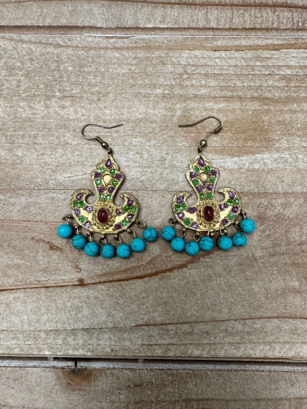 Vintage Boho Statement Earrings • Turquoise Beads + Multicolor Stones